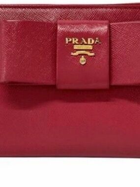 Prada Red Saffiano Leather Bow Clutch with Gold Logo
